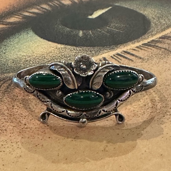 Extraordinary Vintage Old Pawn Sterling Silver Malachite Cuff Bracelet - Picture 10 of 11